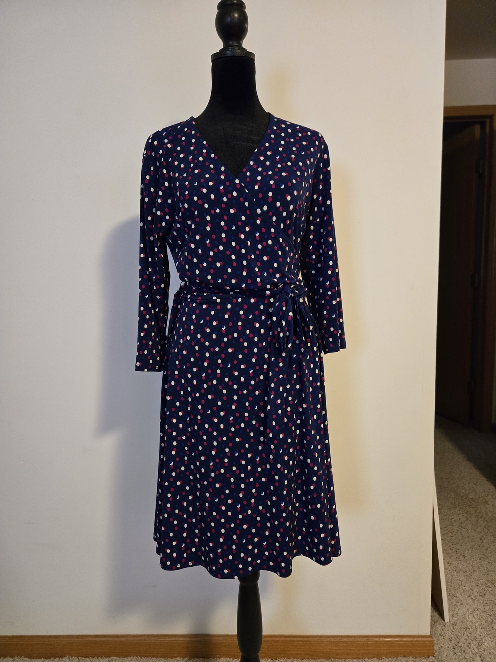 Leota Navy Wrap Midi Dress with Pink and White Polka Dot Print